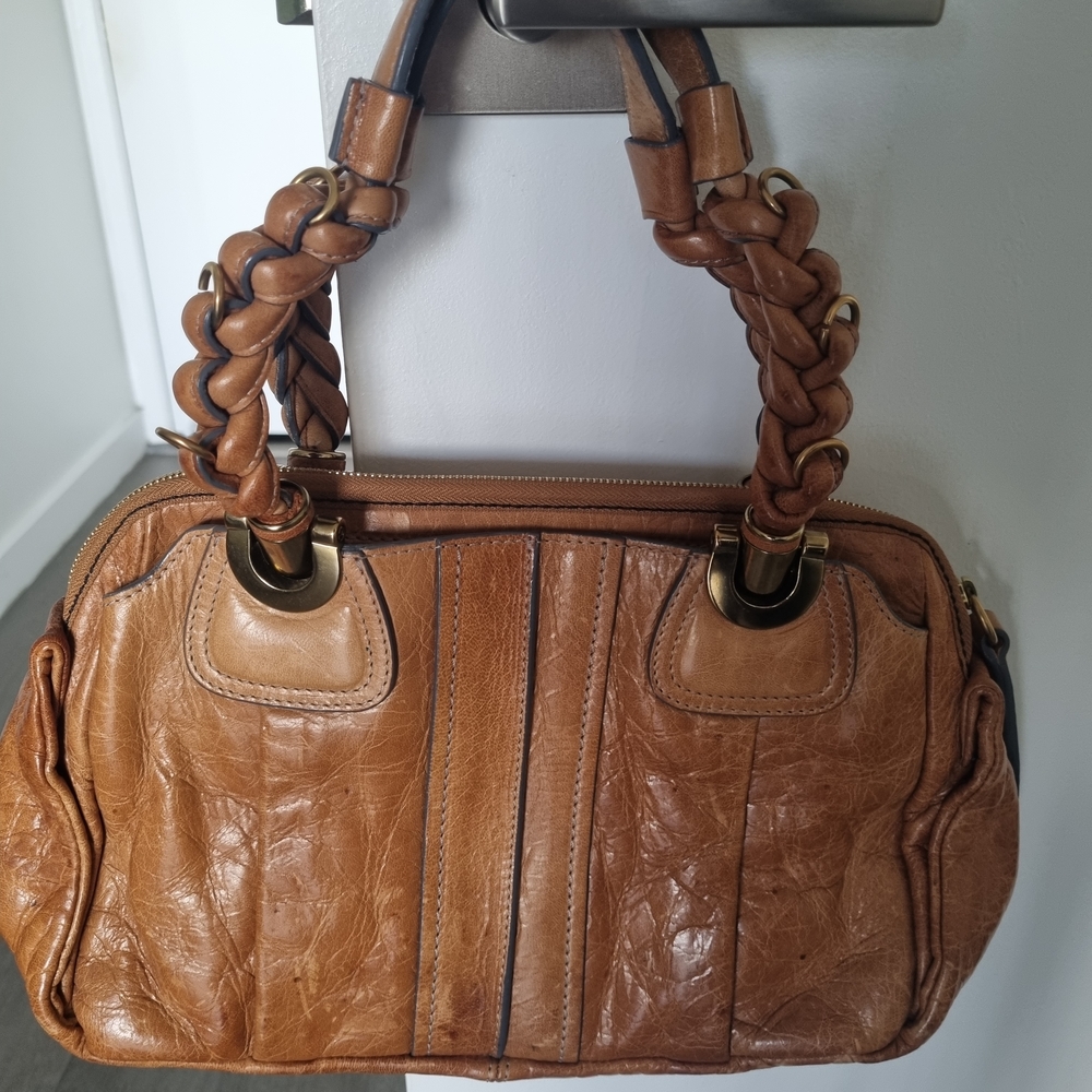 Braided Handle Tan Leather Satchel - Women Bags